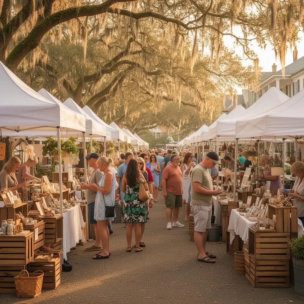 Fairhope Farmers Market scene with live oaks and Spanish moss