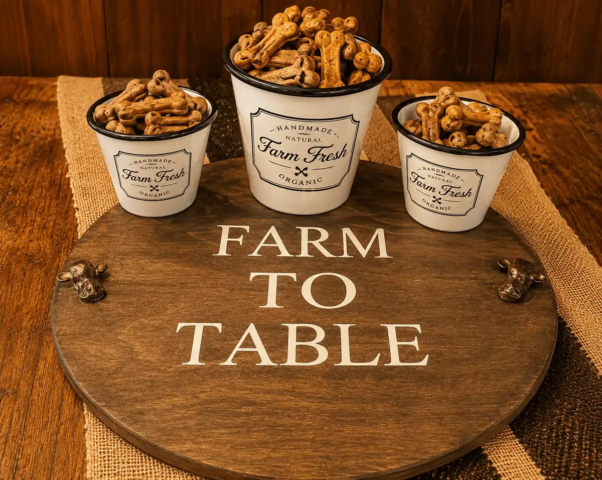 Farm to Table board with three buckets of homemade bone treats